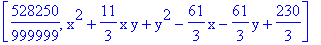 [528250/999999, x^2+11/3*x*y+y^2-61/3*x-61/3*y+230/3]
